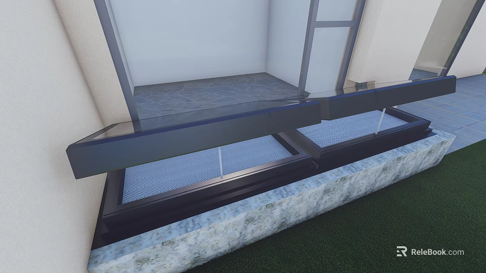 Detached Villa Terrace Featuring Glass Railing Stone Floor And Green Grass 3d model 