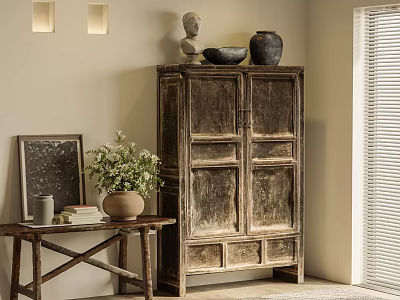 Vintage Wooden Decorative Cabinet Interior With Potted Plant Side Table Artwork And Wall Sconces 3d model