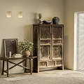 Vintage Wooden Decorative Cabinet Interior With Potted Plant Side Table Artwork And Wall Sconces