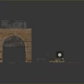 Vintage Industrial Landscape With Ancient Brick Archway Small Mechanical Devices And Gray Backdrop