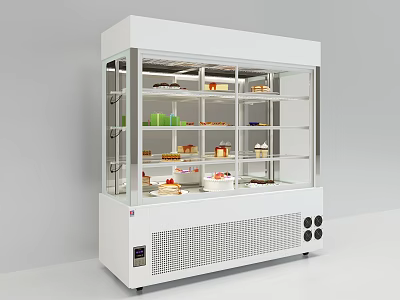 Refrigerated Display Shelves With Glass Door Holding Pastries In White Cabinet 3d model