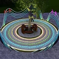 Nighttime Garden Landscape With Illuminated Curved Structures Trees And Circular Ground Lighting