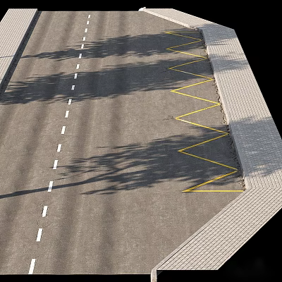 Road Facilities With White Dashed Lines Yellow Zigzag Markings And Sidewalk With Tree Shadows 3d model