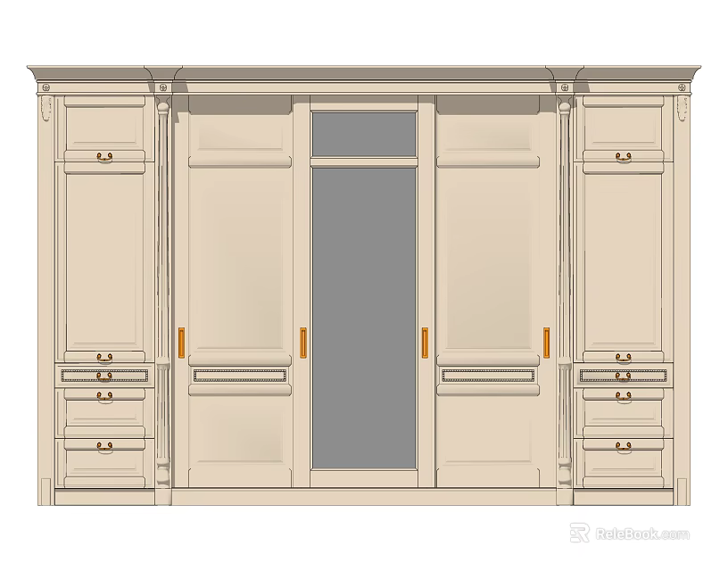 Classic Beige Wardrobe Design With Multi door Storage Drawers And Glass Panel 3d model 