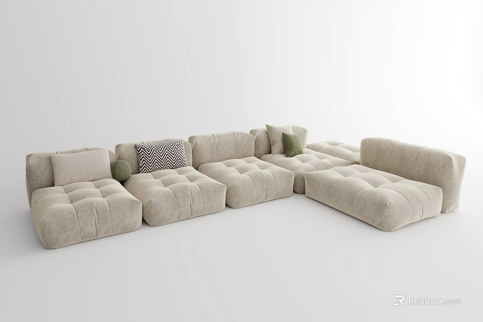 Light Beige Upholstered Sectional Sofa With Modular Design And Decorative Cushions 3d model