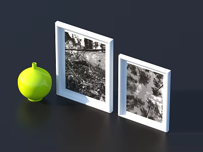 Two White Picture Frames With Black And White Photos And Yellow Spherical Object Dark Background 3d model