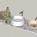 Stylish Washbasins On Marble Countertop With Silver Gold Faucets Shelf Green Plants And Sunlight Shadows