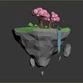 Floating Fantasy Island With Green Grass Pink Trees Blue Pond Waterfall And Floating Rocks