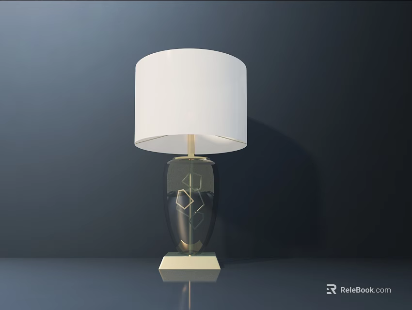 Modern Table Lamp Featuring White Lampshade And Dark Geometric Pattern Square Base 3d model