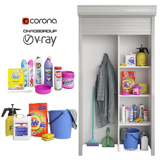 Household Cleaning Supplies Storage Set With Detergent Bottles Bucket Mop And Cabinet Organizer 3d model 