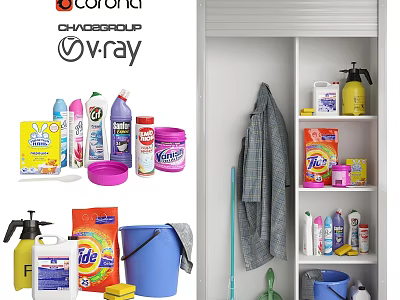 Household Cleaning Supplies Storage Set With Detergent Bottles Bucket Mop And Cabinet Organizer 3d model