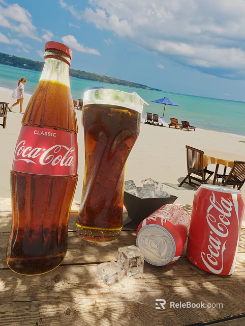 Coca Cola Classic Bottle Glass With Ice On Sunny Beach Featuring Cans Chairs And Umbrella 3d model 