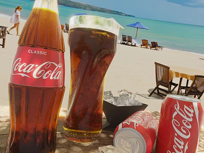 Coca Cola Classic Bottle Glass With Ice On Sunny Beach Featuring Cans Chairs And Umbrella 3d model