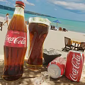 Coca Cola Classic Bottle Glass With Ice On Sunny Beach Featuring Cans Chairs And Umbrella