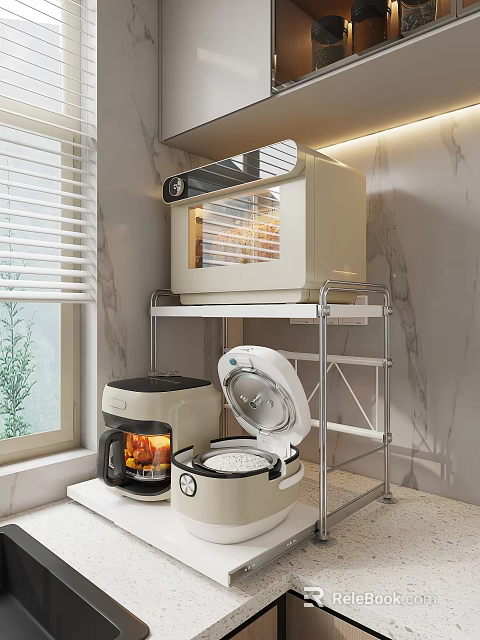 Modern Kitchen Storage Shelf With Microwave Rice Cooker Electric Kettle And Marble Wall 3d model 