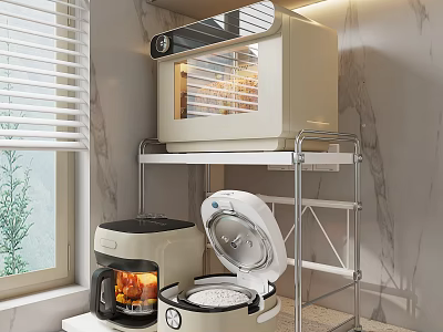 Modern Kitchen Storage Shelf With Microwave Rice Cooker Electric Kettle And Marble Wall 3d model
