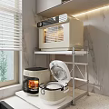 Modern Kitchen Storage Shelf With Microwave Rice Cooker Electric Kettle And Marble Wall
