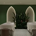Tranquil Spa Interior With Green Walls Arched Decor Lush Plants Massage Beds And Checkered Floor