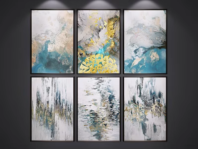 Modern Abstract Paintings with Blue Gold Gray Fluid Textures Six Panel Set 3d model