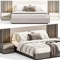 Modern Double Bed With Wooden Slat Headboard Nightstand White Sheets And Gray Pillows