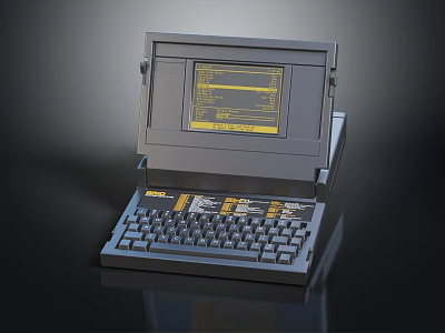 Vintage Portable Computer Classic Design Featuring Screen Displaying Yellow Text And Black Key Keyboard 3d model