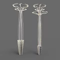 Two Modern Outdoor Lights With Tall Slim Poles Umbrella Shaped Tops And Textured Bases