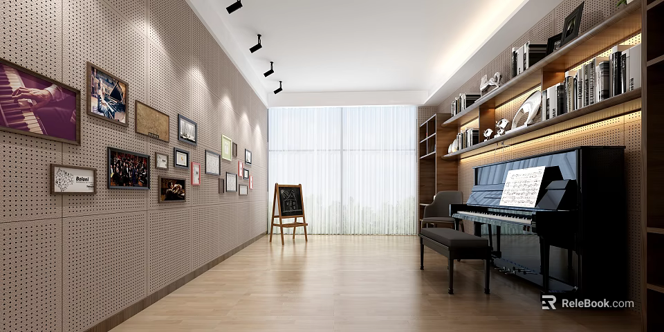 Modern Piano Room Interior With Art Frames Piano And Bookshelves 3d model 