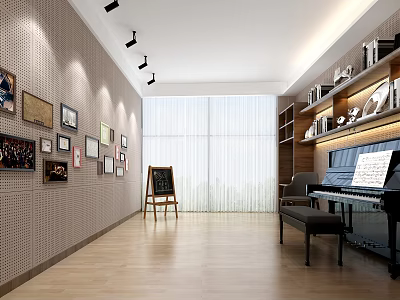 Modern Piano Room Interior With Art Frames Piano And Bookshelves 3d model