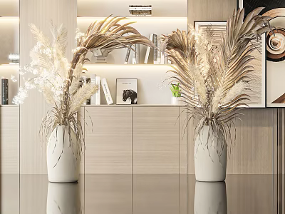 Decorative White Vases With Dried Grasses In Modern Interior With Bookshelves And Lighting 3d model