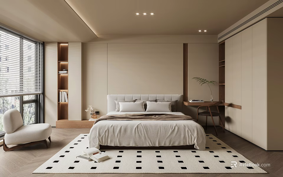 Modern Bedroom Interior With Bed Headboard Rug Desk Plant Wardrobe And Bookshelf 3d model 