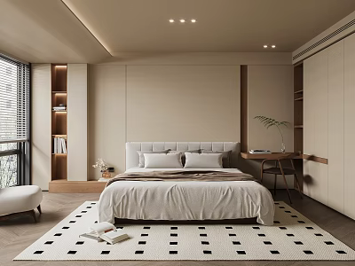 Modern Bedroom Interior With Bed Headboard Rug Desk Plant Wardrobe And Bookshelf 3d model