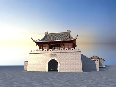 Traditional Chinese Ancient City Gate Tower With Stone Archway And Open Square Area 3d model