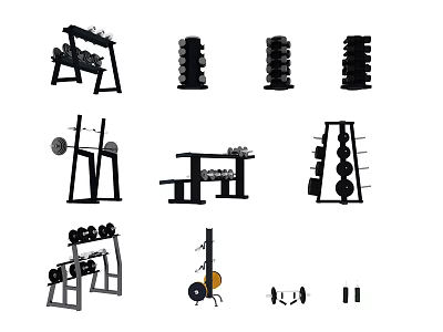 Various Gym Fitness Equipment Including Barbell Racks Dumbbells Weight Plates And Bench Press 3d model