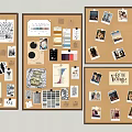 Stylish Photo Wall Display With Various Photos Papers Notes On Three Corkboards 3d model