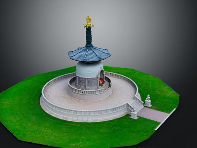Traditional Pagoda Model Featuring Blue Roof Golden Finial Circular Base Stone Steps On Green Grass 3d model