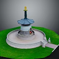 Traditional Pagoda Model Featuring Blue Roof Golden Finial Circular Base Stone Steps On Green Grass