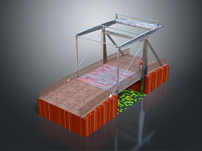 Pedestrian Bridge Structure Featuring Metal Frame Brown Deck Orange Base And Green Vegetation 3d model