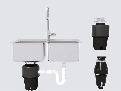 Stainless Steel Double Bowl Kitchen Sink With Faucet And Garbage Disposal 3d model