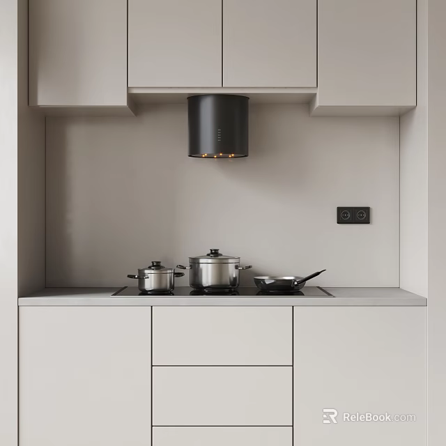 Modern Kitchen With Stove Range Hood Pans Pots And White Cabinets 3d model