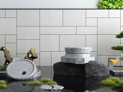 Garden Ornaments With Stone Mill Pillars Rockery Small Plants And Water Reflections 3d model