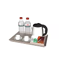 Refreshing Beverage Set with Mineral Water Bottles Electric Kettle Cups and Tea Bags on Tray