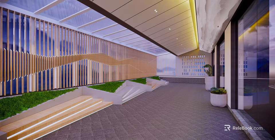 Modern Office Corridor Interior With Wooden Slat Wall Glass Ceiling And Green Plants 3d model 