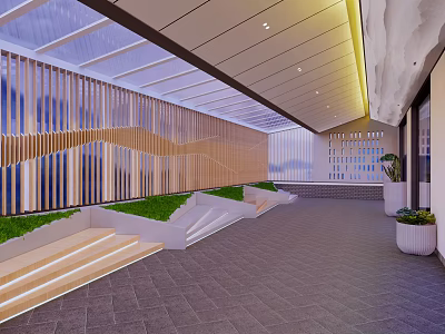 Modern Office Corridor Interior With Wooden Slat Wall Glass Ceiling And Green Plants 3d model