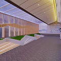 Modern Office Corridor Interior With Wooden Slat Wall Glass Ceiling And Green Plants
