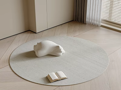 Light Round Rug With White Bear Decor And Open Book On Wooden Floor 3d model