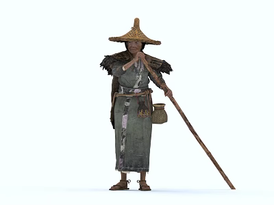 Man Dressed in Traditional Clothing Wearing Straw Hat Holding Walking Stick and Bag 3d model