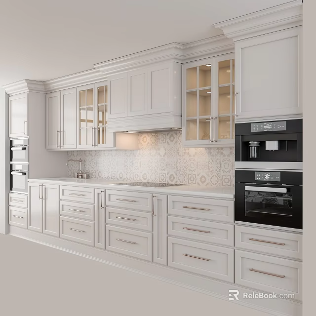 Classic White Kitchen Cabinets With Appliances And Tile Backsplash 3d model 