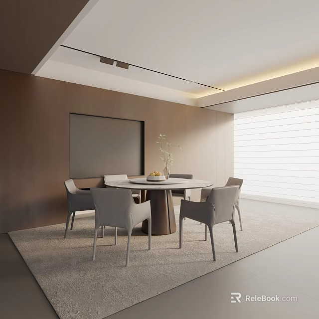 Modern Dining Chairs Around Round Table In Room With Brown Wall And Window Blinds 3d model 