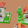 Miniature Cartoon Style Small Houses with Various Colored Roofs Green Trees Cars and Benches