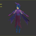 3D Model Female Character With Blue Hair Blue Top Brown Skirt And Feather Decorations